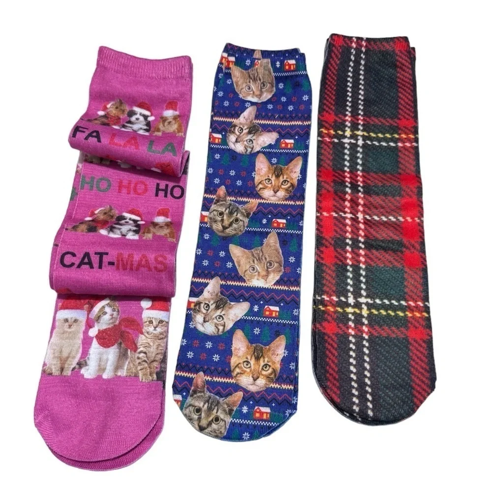 Cats & Dogs Xmas Christmas Holiday Socks Plaid NWOT One Size